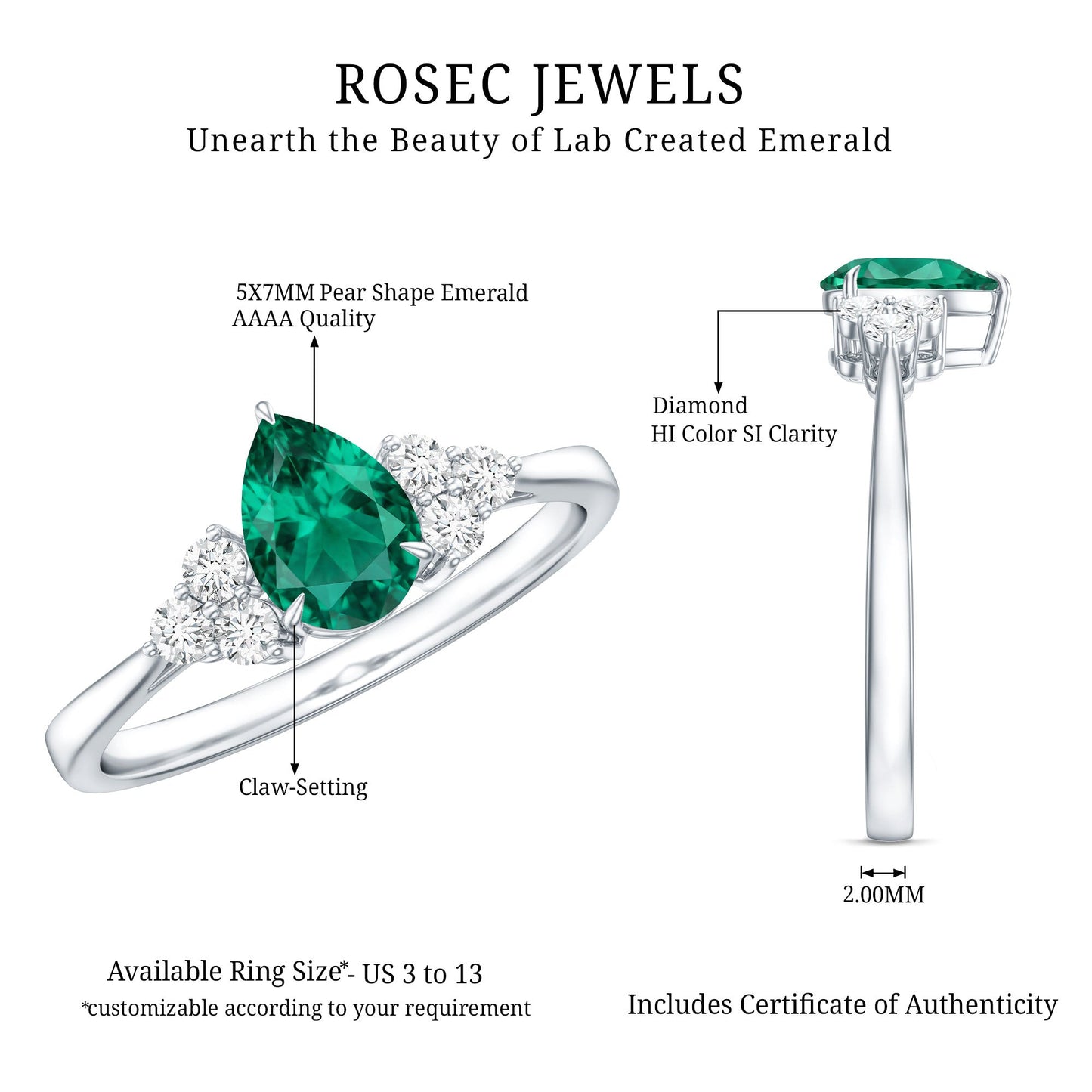 Certified Lab Grown Emerald Pear Shaped Engagement Ring with Diamond Trio