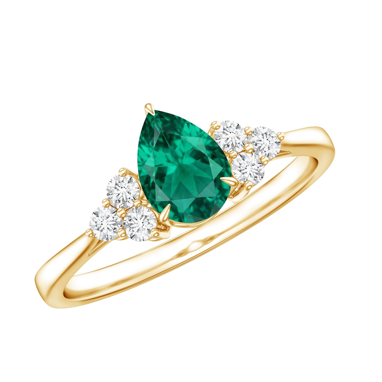 Certified Lab Grown Emerald Pear Shaped Engagement Ring with Diamond Trio