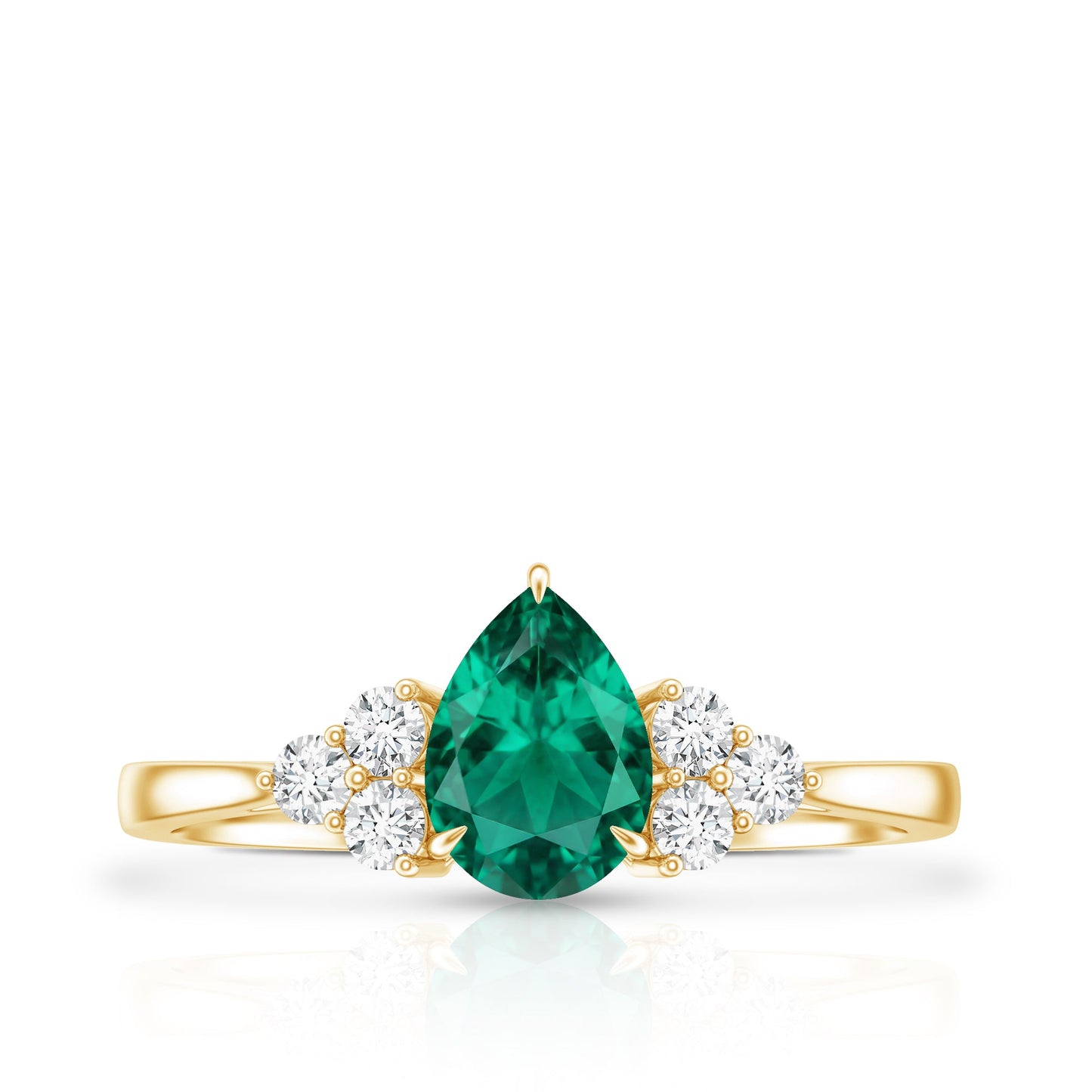 Certified Lab Grown Emerald Pear Shaped Engagement Ring with Diamond Trio