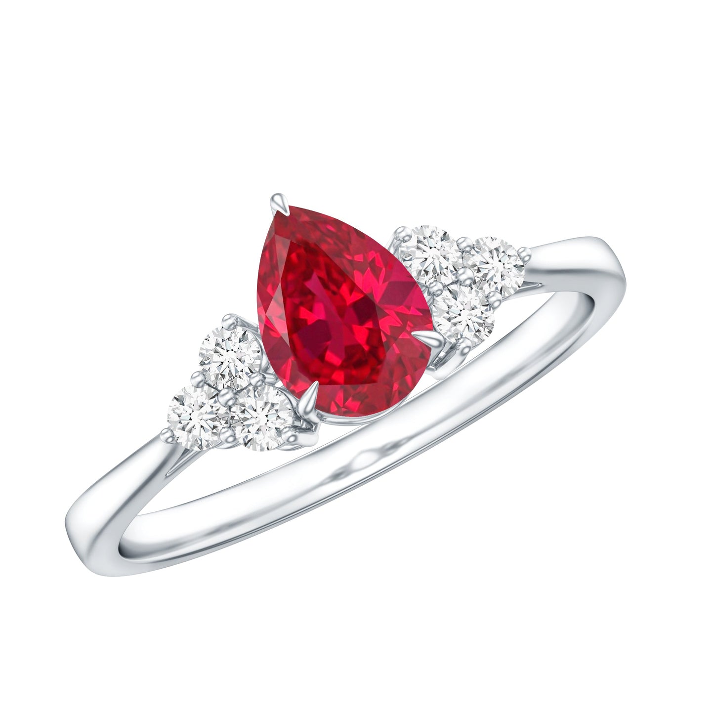 Pear Shaped Lab Ruby Engagement Ring with Diamond Trio