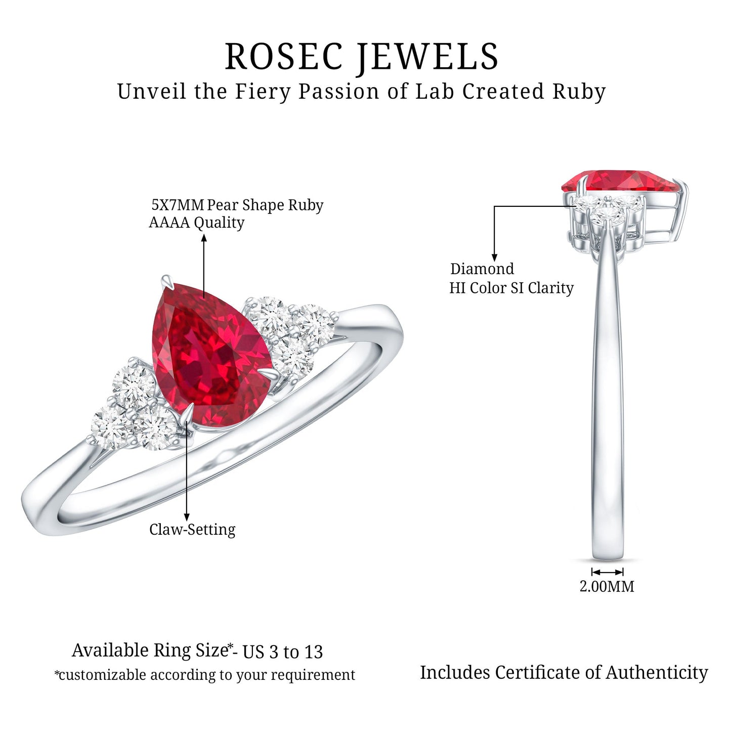 Pear Shaped Lab Ruby Engagement Ring with Diamond Trio