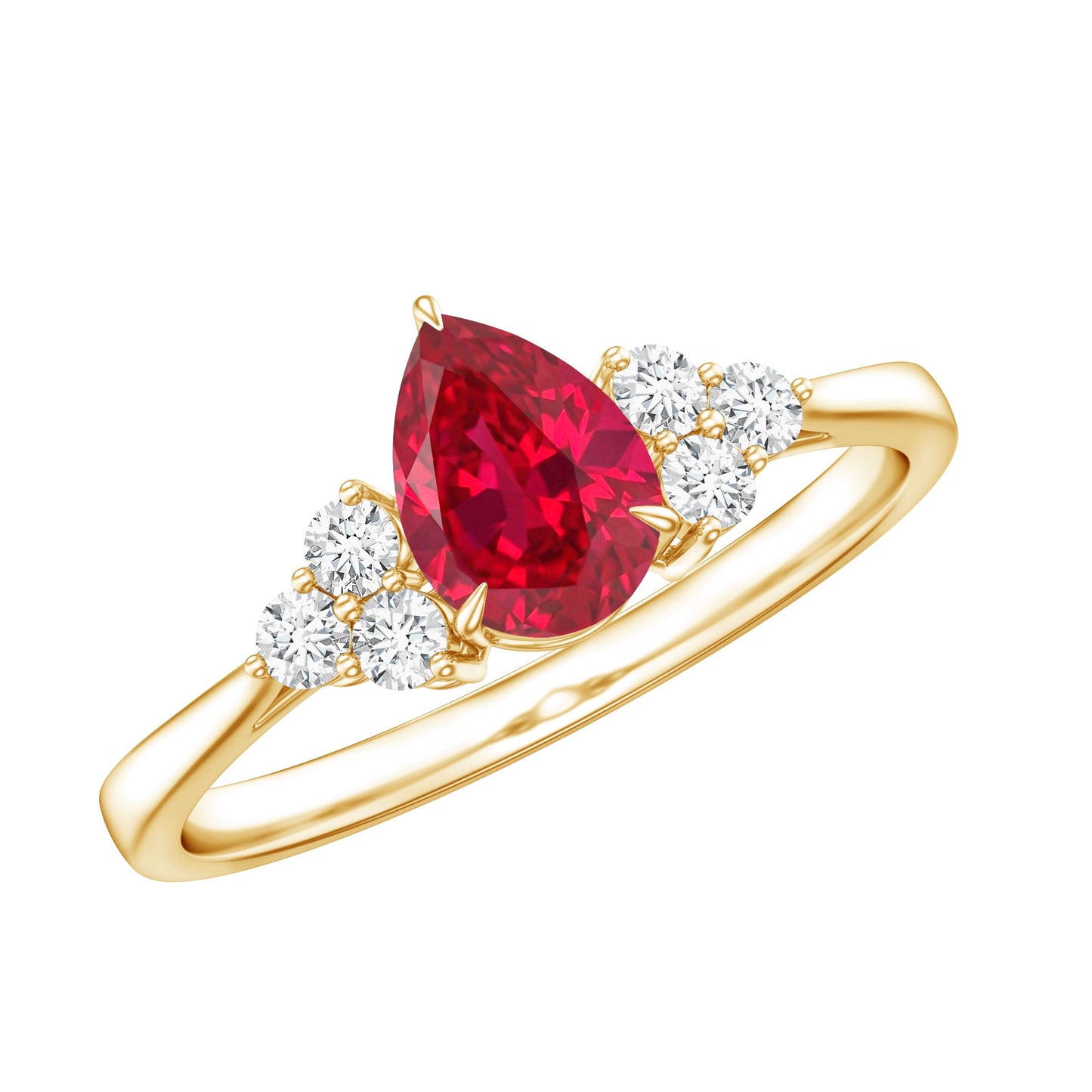 Pear Shaped Lab Ruby Engagement Ring with Diamond Trio