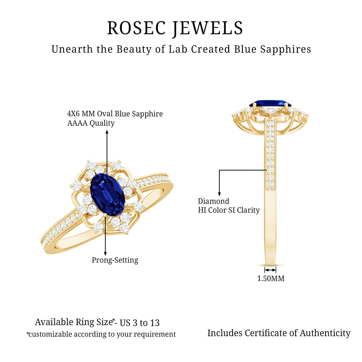 Vintage Style Created Blue Sapphire and Diamond Flower Engagement Ring