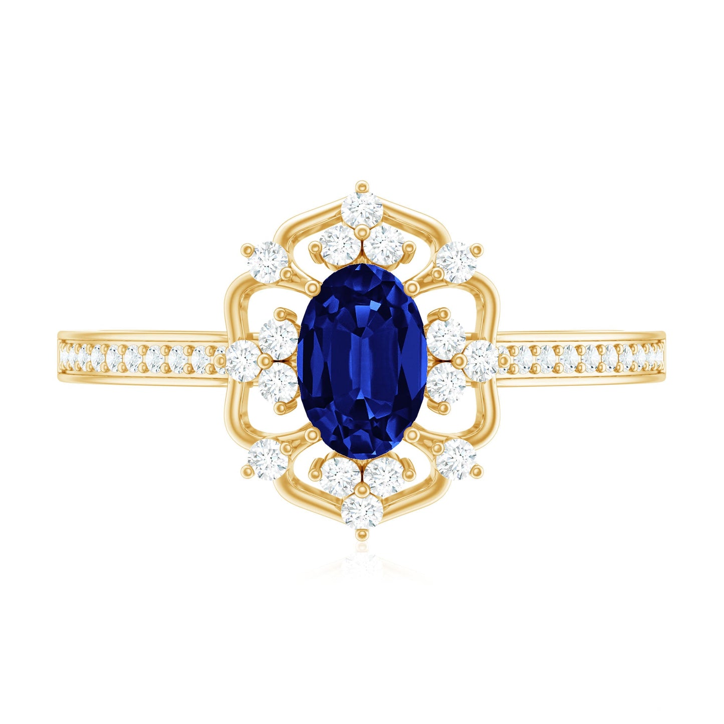 Vintage Style Created Blue Sapphire and Diamond Flower Engagement Ring