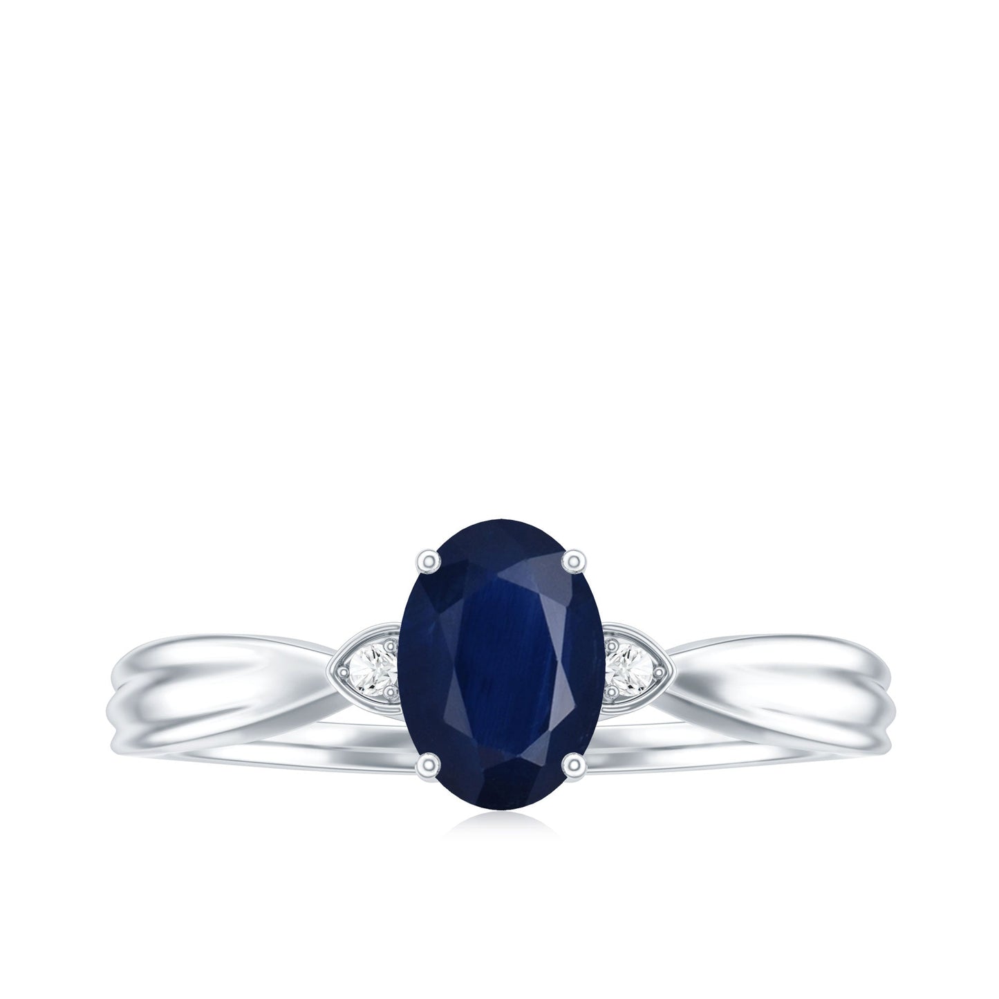 Oval Shape Real Blue Sapphire Solitaire Ring with Diamond