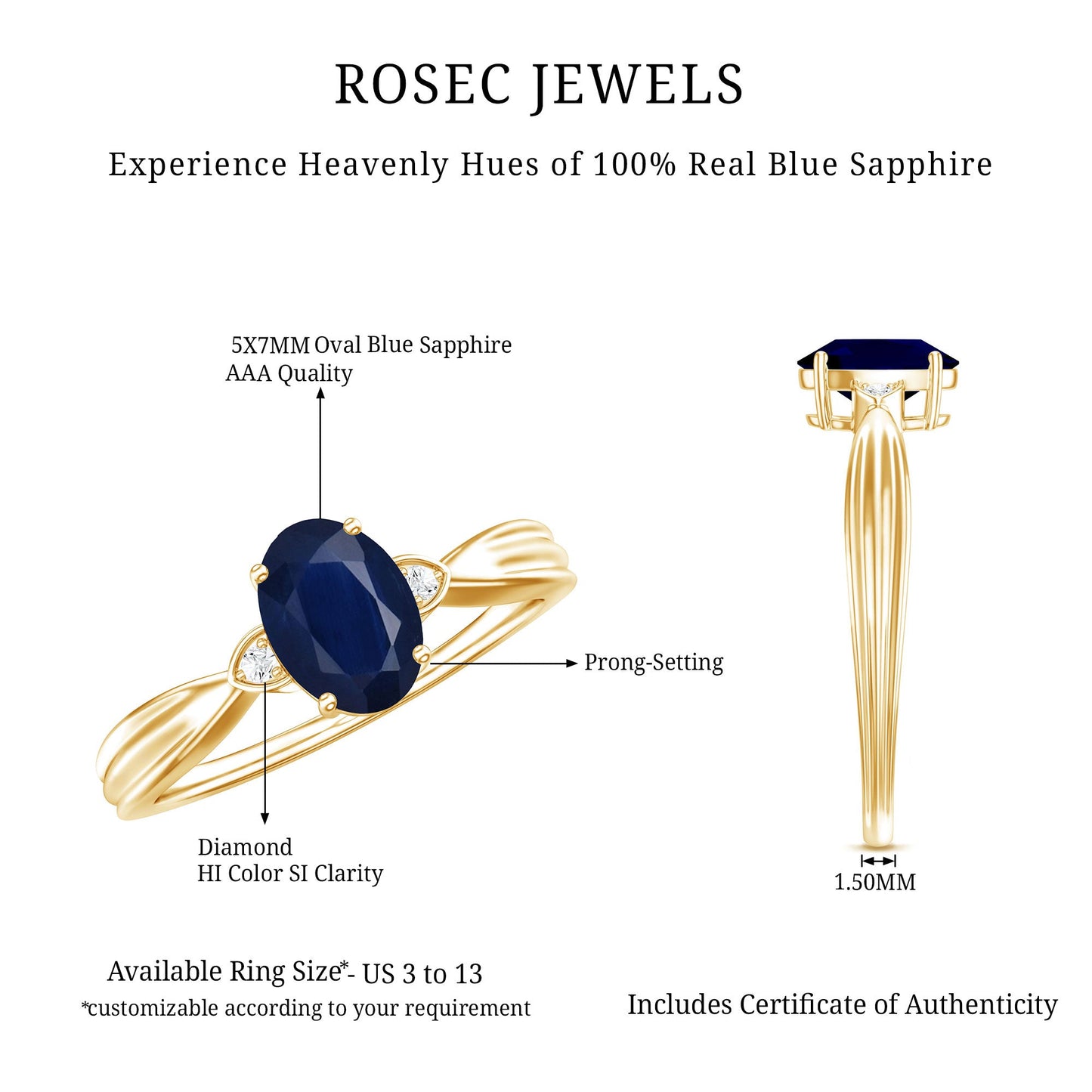 Oval Shape Real Blue Sapphire Solitaire Ring with Diamond