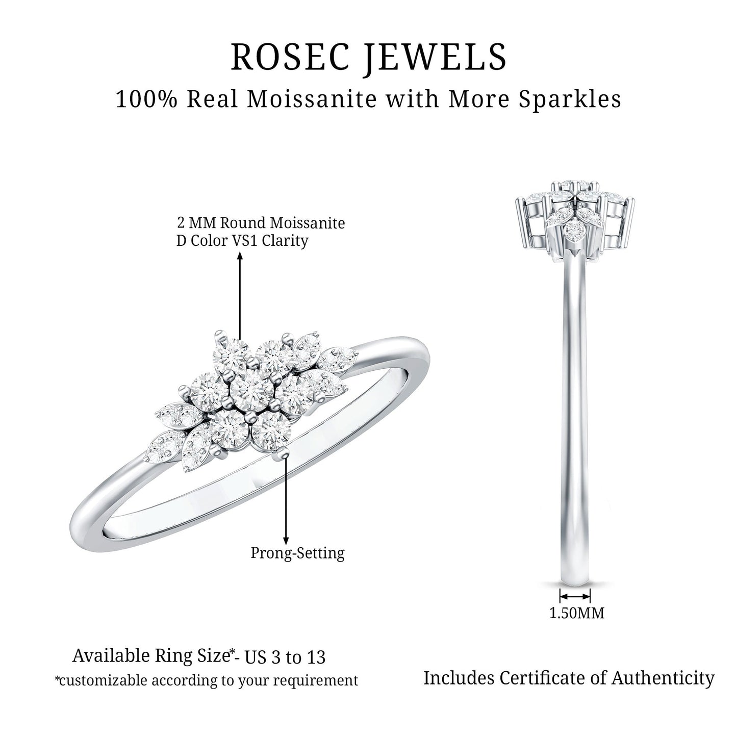 Certified Moissanite Flower Cluster Ring for Women