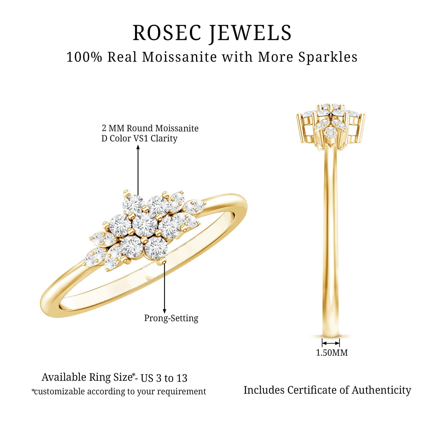 Certified Moissanite Flower Cluster Ring for Women