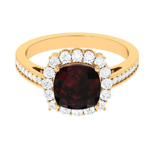 Real 3.2 Carat Garnet Cushion Cut Engagement Ring with Diamond Halo