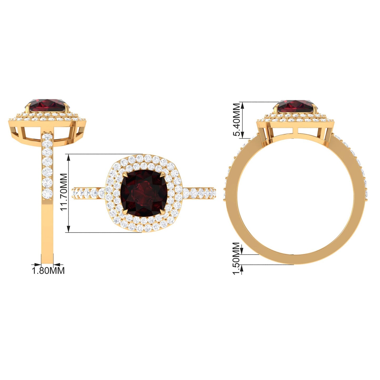 Natural 3.2 Carat Cushion Cut Garnet Diamond Double Halo Engagement Ring