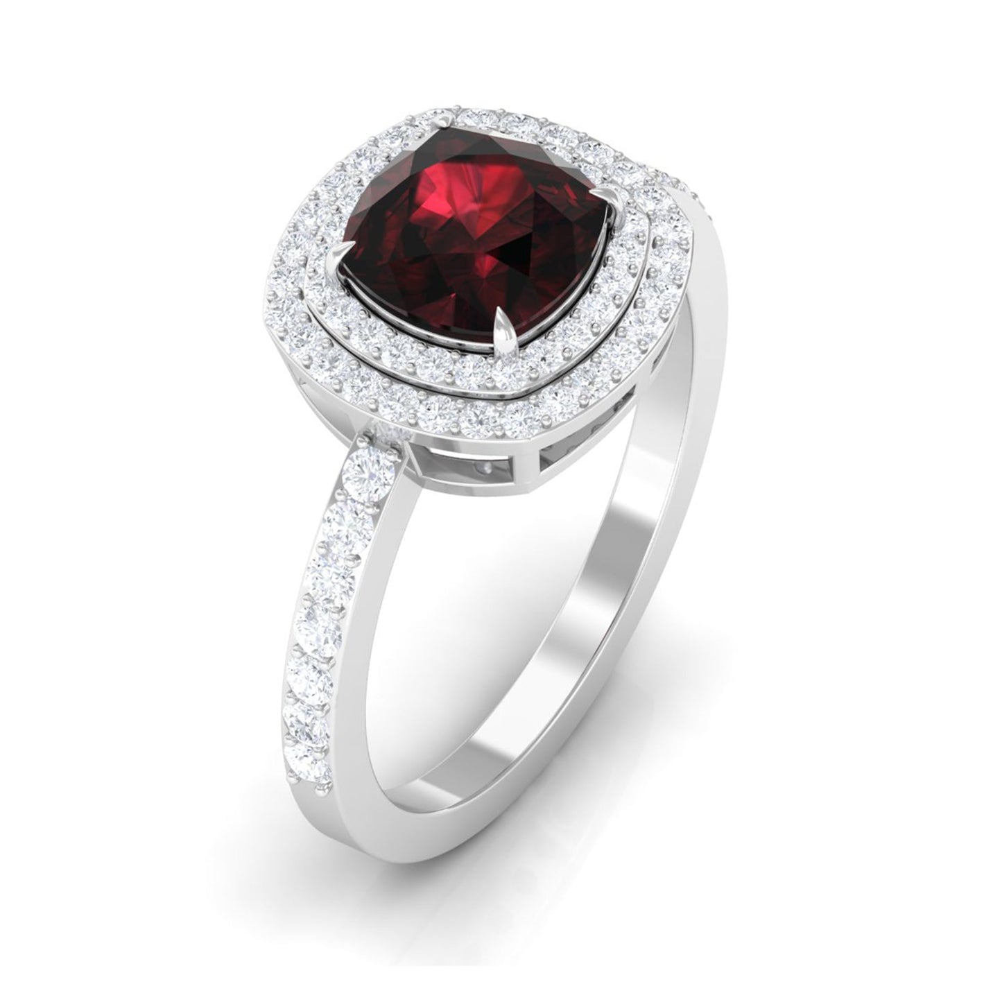 Natural 3.2 Carat Cushion Cut Garnet Diamond Double Halo Engagement Ring