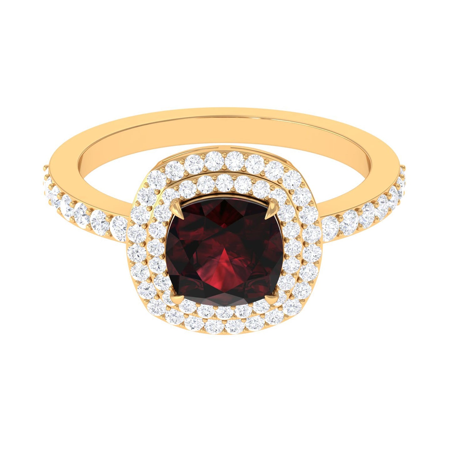 Natural 3.2 Carat Cushion Cut Garnet Diamond Double Halo Engagement Ring