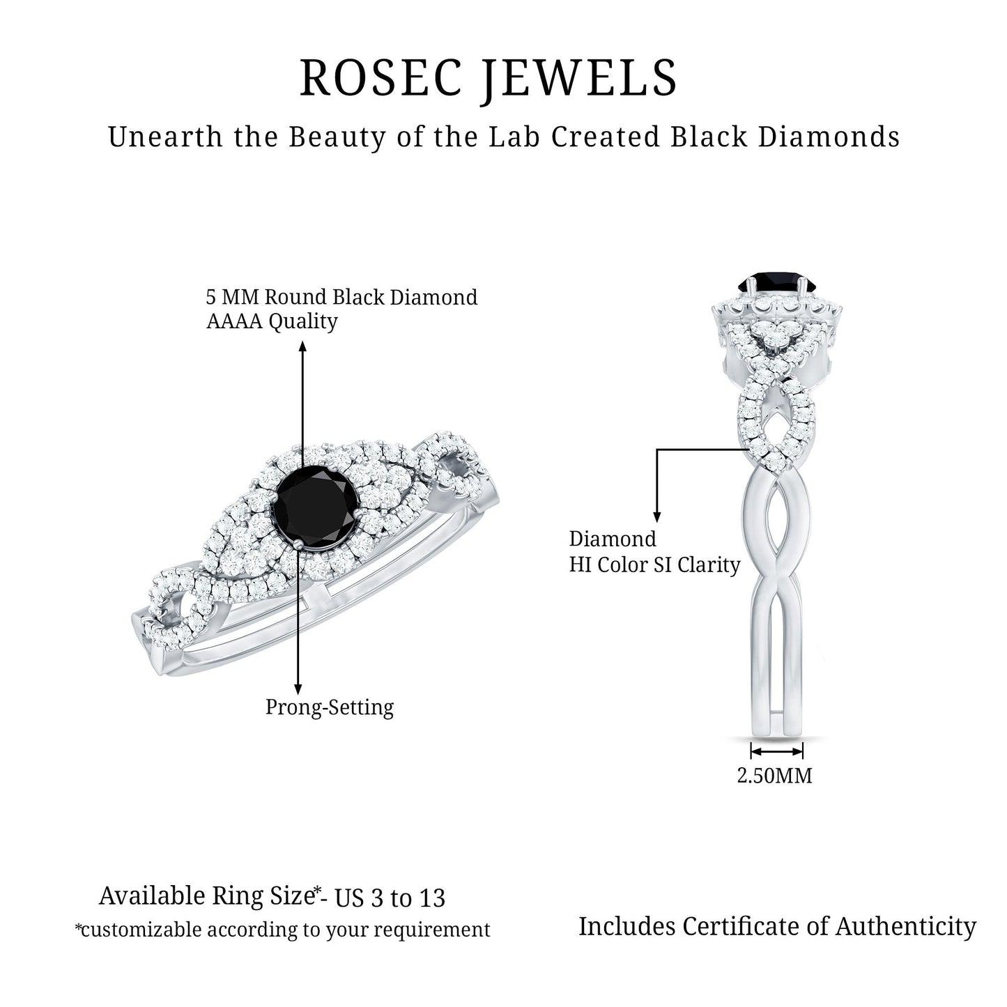 Certified 0.84 Carat Lab Grown Black Diamond Engagement Ring with White Diamond
