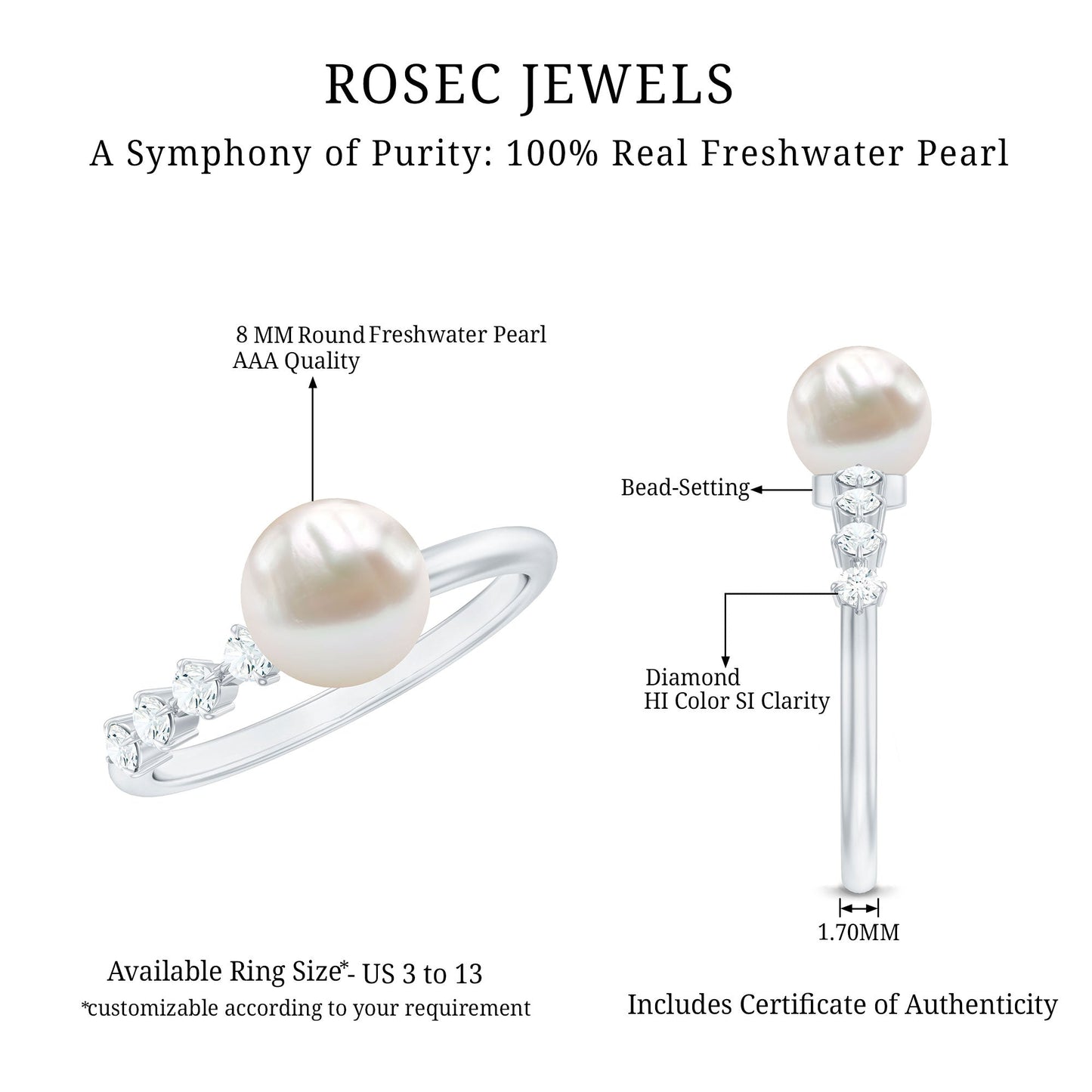 7.4 Carat Freshwater Pearl Engagement Ring with Diamond for Women