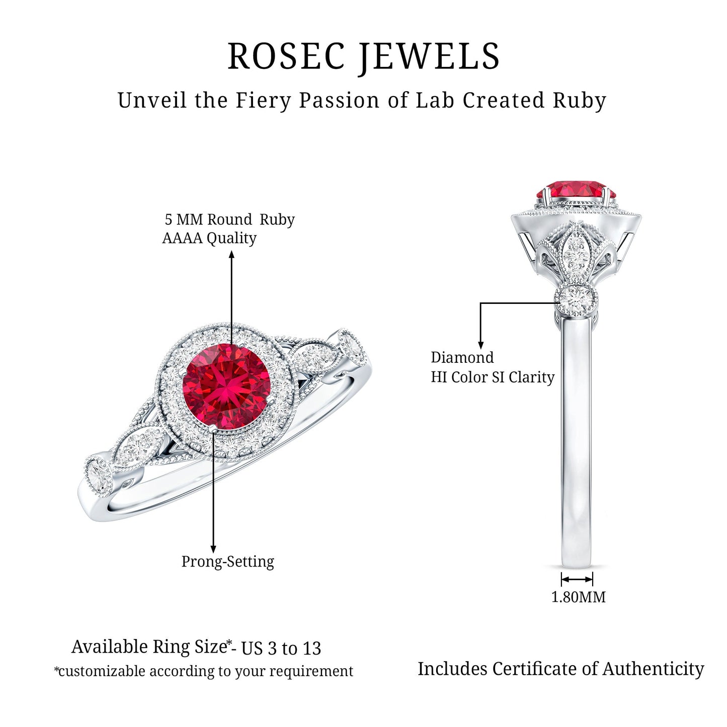Antique Inspired Lab Created Ruby and Diamond Engagement Ring