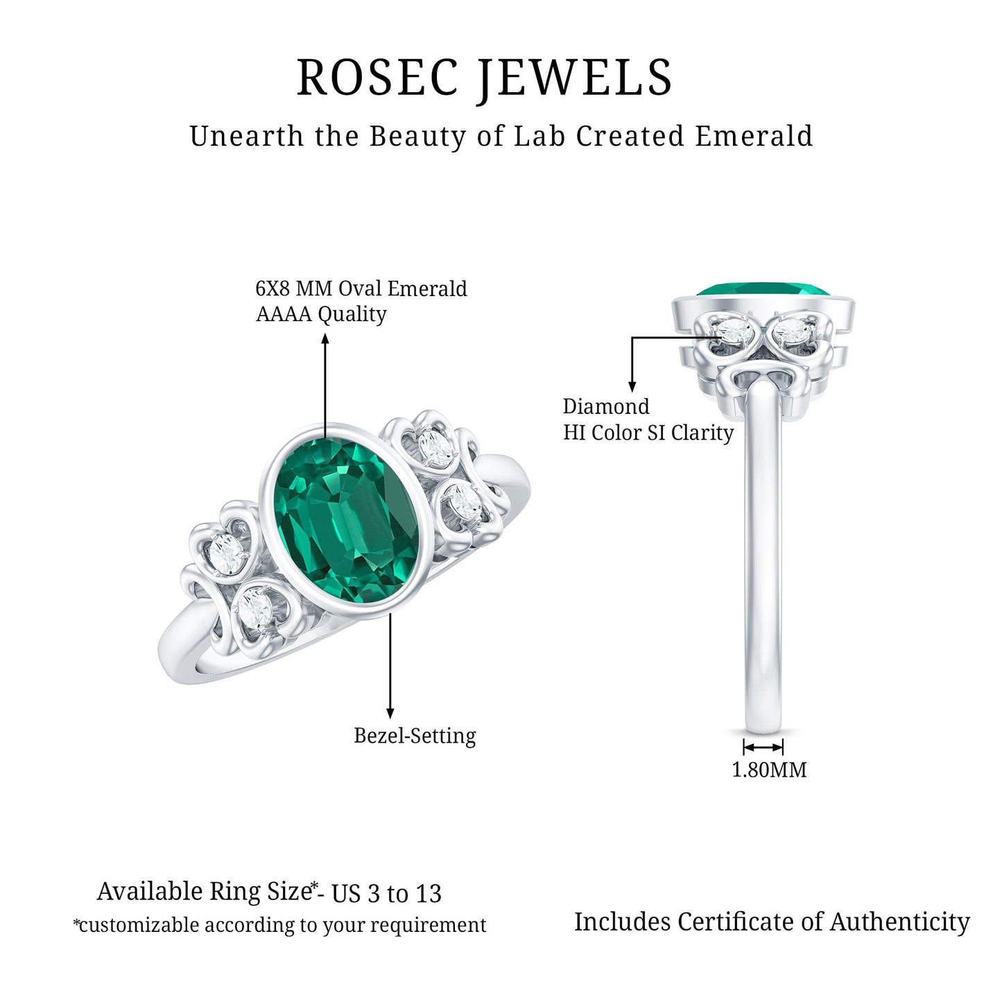 Certified Bezel Set Lab Grown Emerald Antique Looking Engagement Ring with Diamond