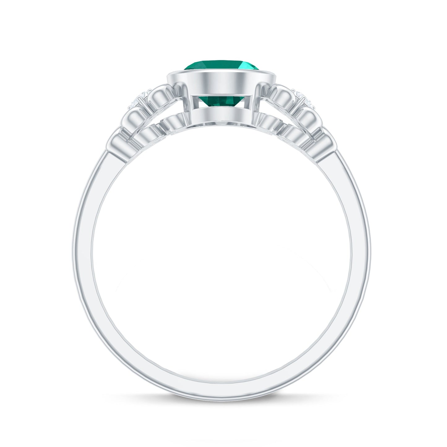 Certified Bezel Set Lab Grown Emerald Antique Looking Engagement Ring with Diamond