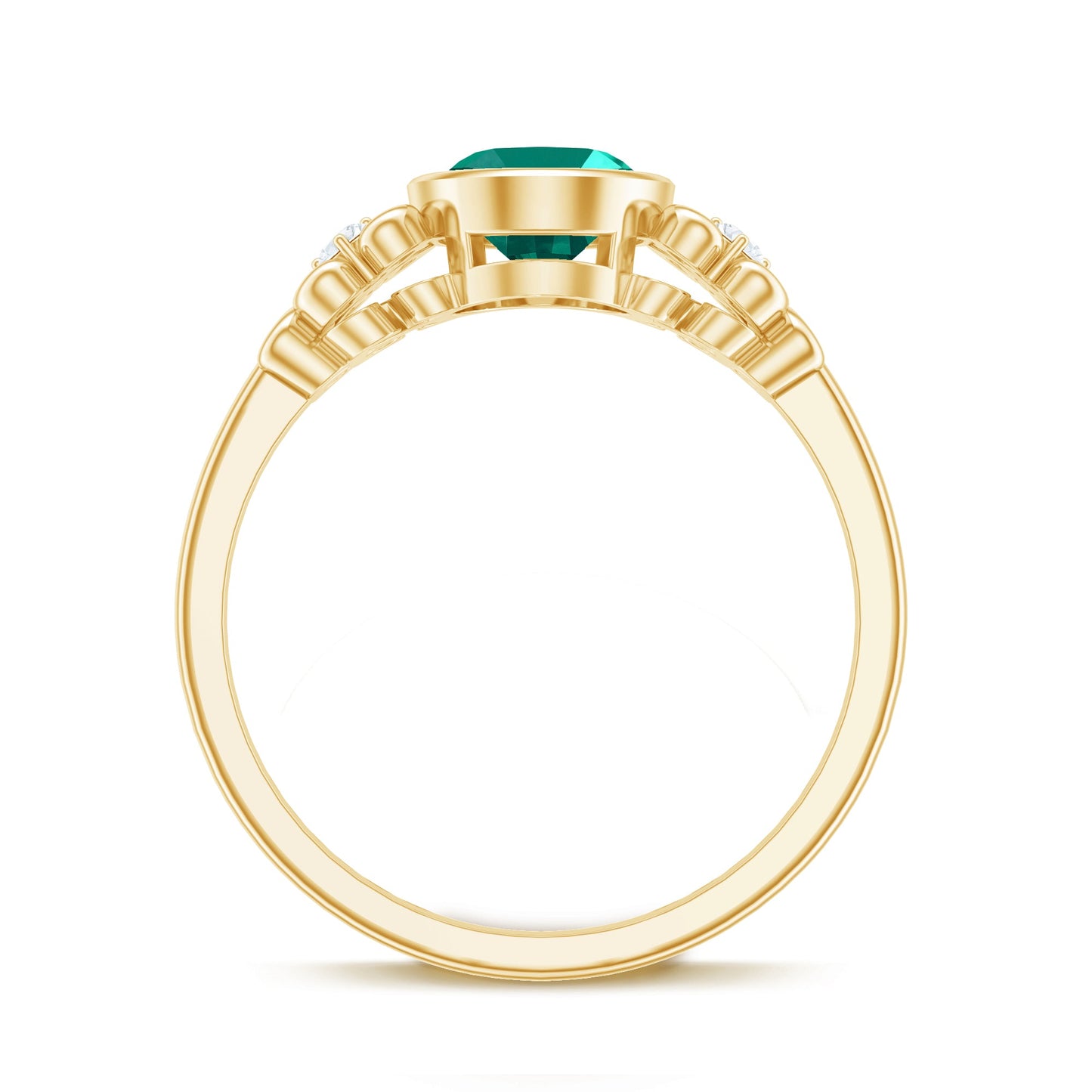 Certified Bezel Set Lab Grown Emerald Antique Looking Engagement Ring with Diamond