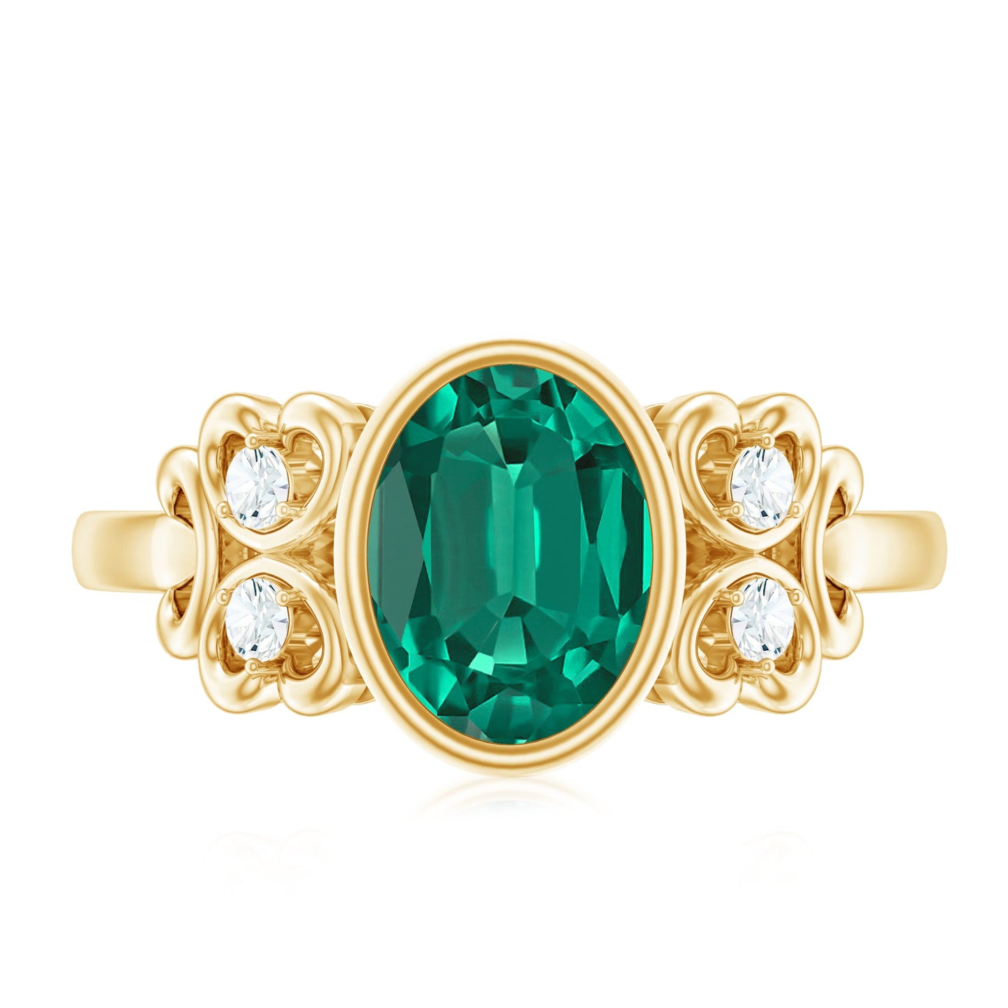 Certified Bezel Set Lab Grown Emerald Antique Looking Engagement Ring with Diamond