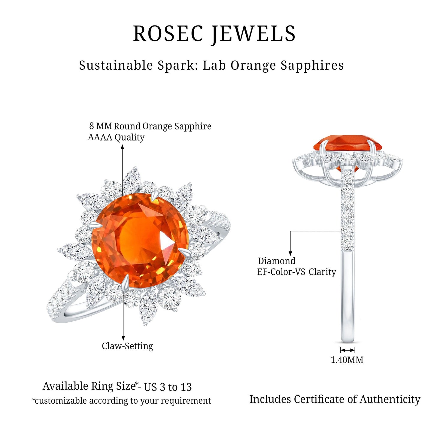 2.25 Carat Lab Grown Orange Statement Engagement Ring with Diamond Halo