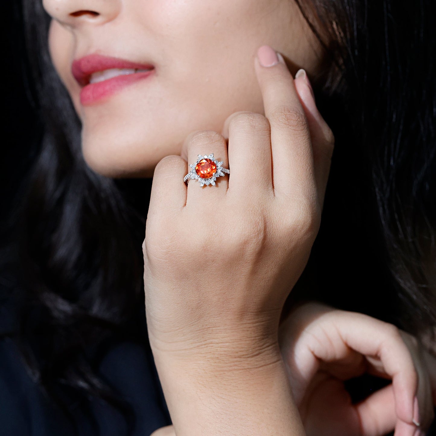 2.25 Carat Lab Grown Orange Statement Engagement Ring with Diamond Halo