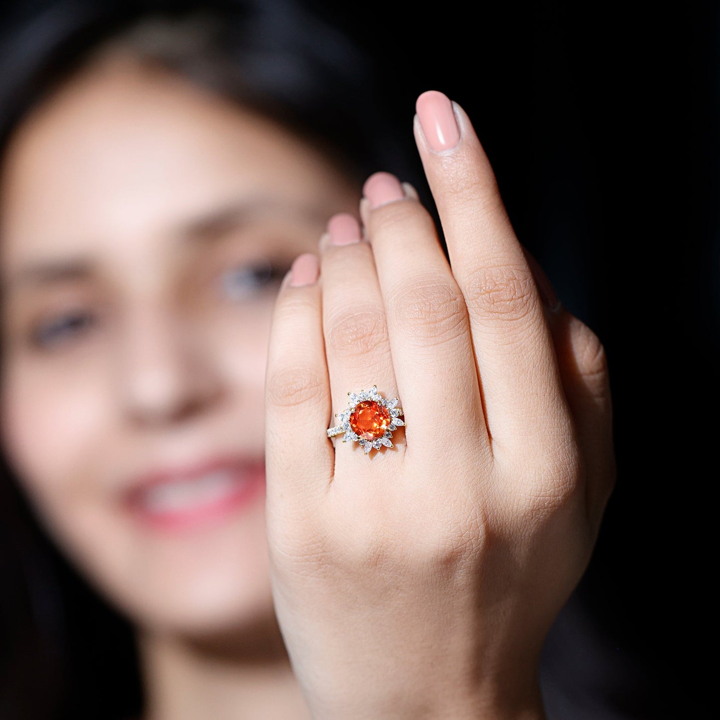 2.25 Carat Lab Grown Orange Statement Engagement Ring with Diamond Halo