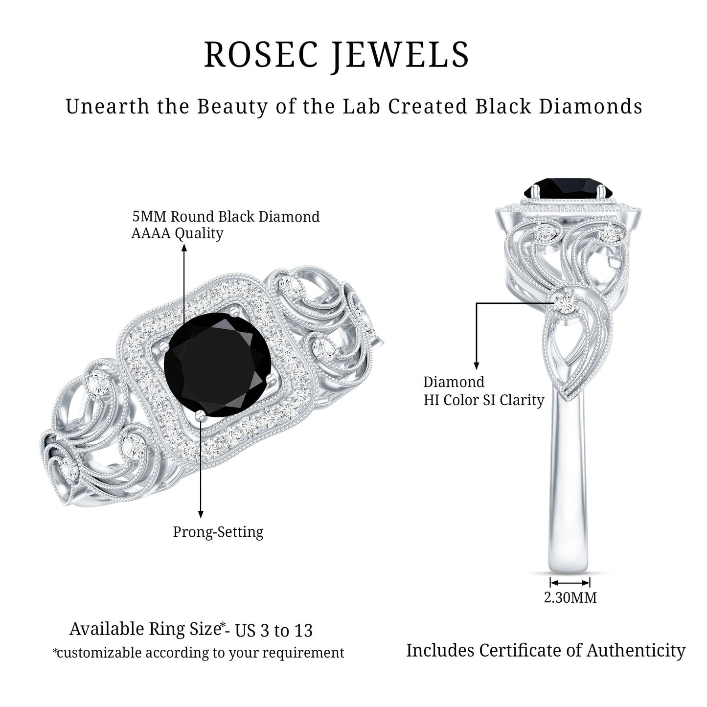 Vintage Style 0.84 Carat Lab Grown Black Diamond Engagement Ring with White Diamond