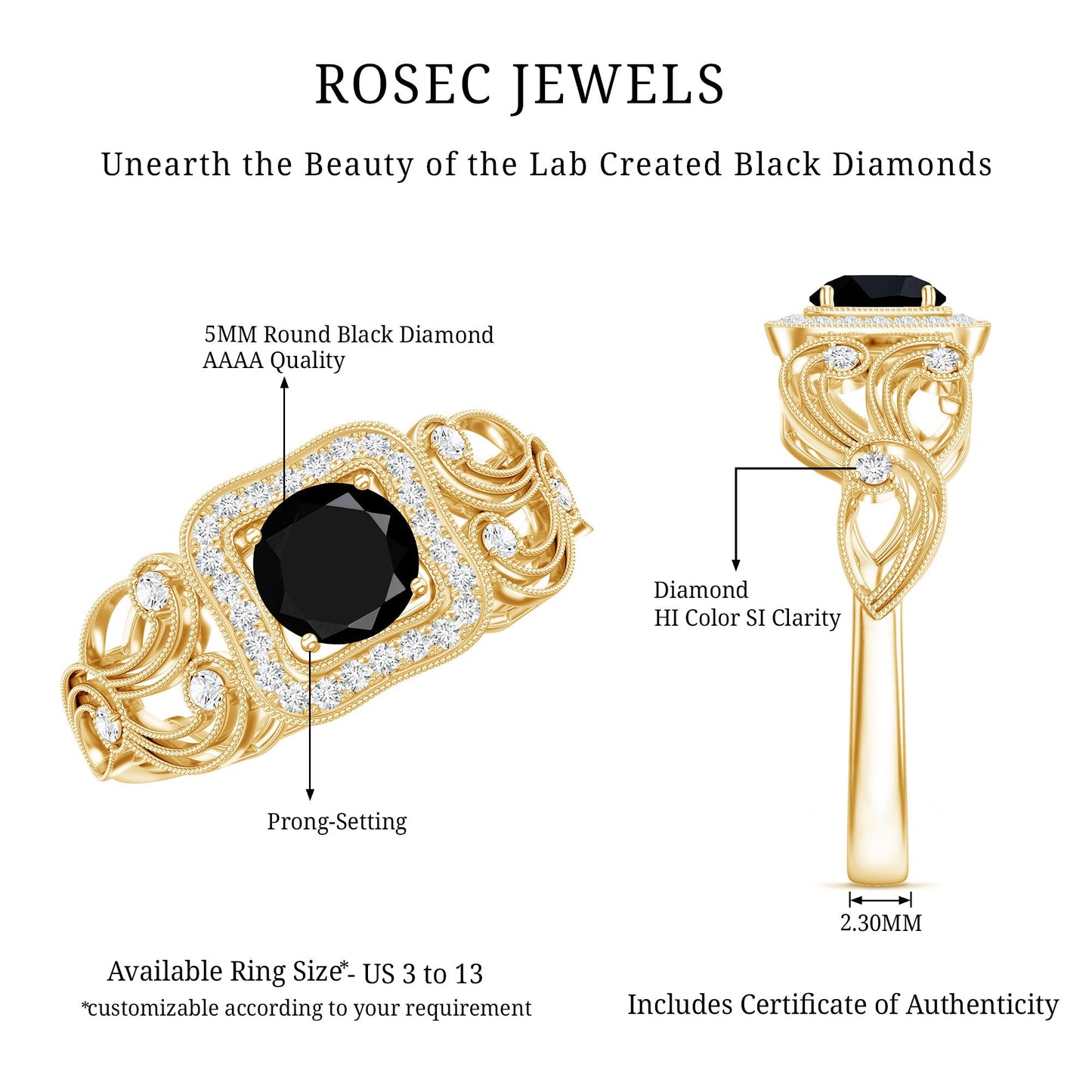 Vintage Style 0.84 Carat Lab Grown Black Diamond Engagement Ring with White Diamond