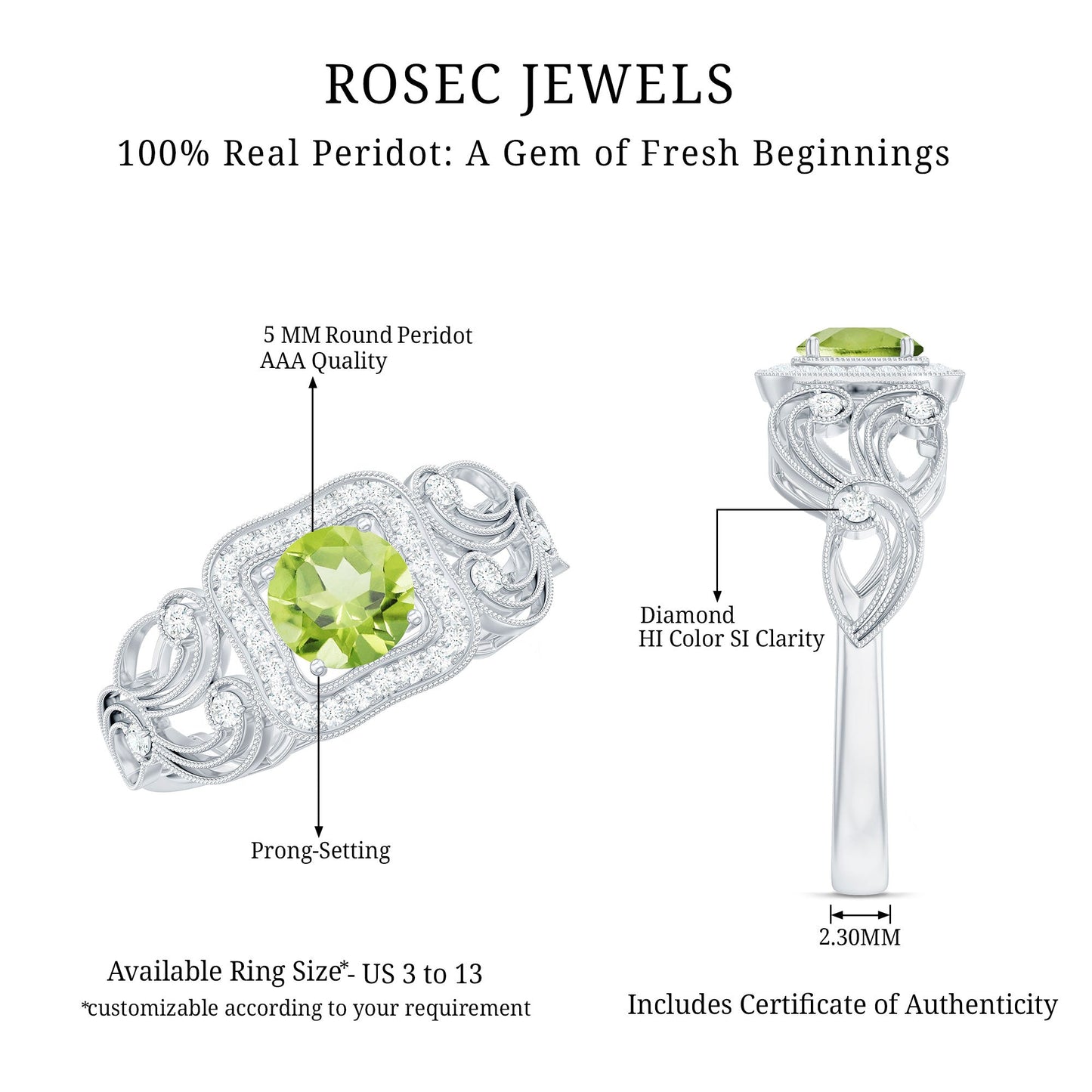 Vintage Style 0.5 Carat Peridot Engagement Ring with Diamond Halo
