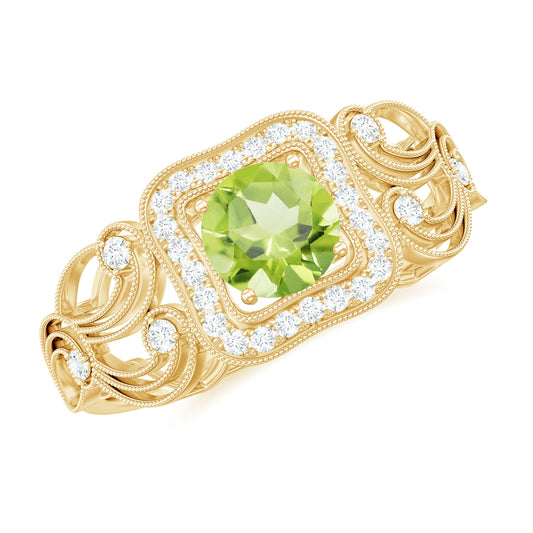 Vintage Style 0.5 Carat Peridot Engagement Ring with Diamond Halo