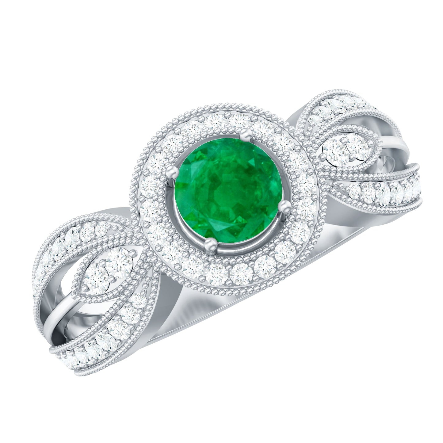 Real Emerald Diamond Vintage Looking Engagement Ring with Split Shank