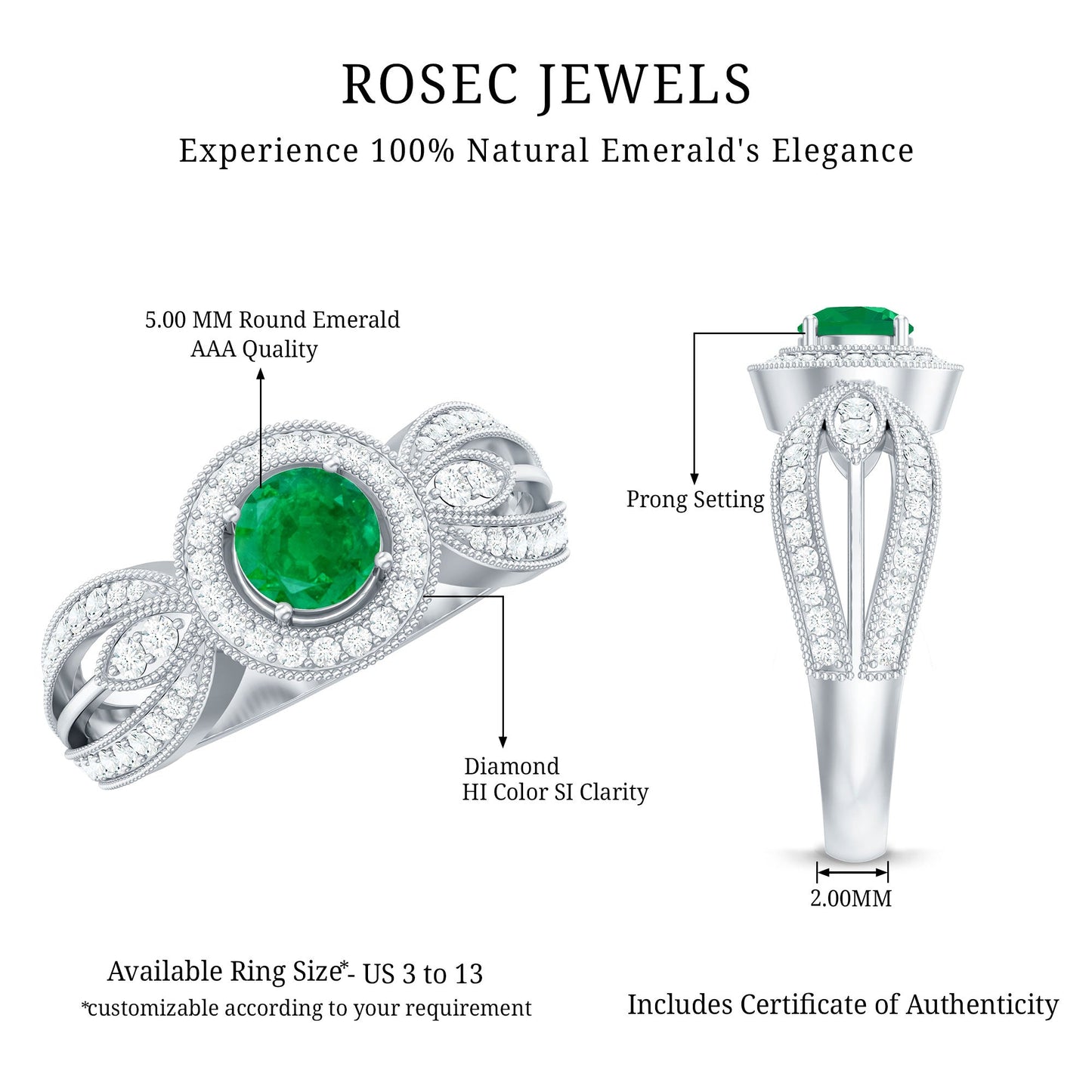 Real Emerald Diamond Vintage Looking Engagement Ring with Split Shank