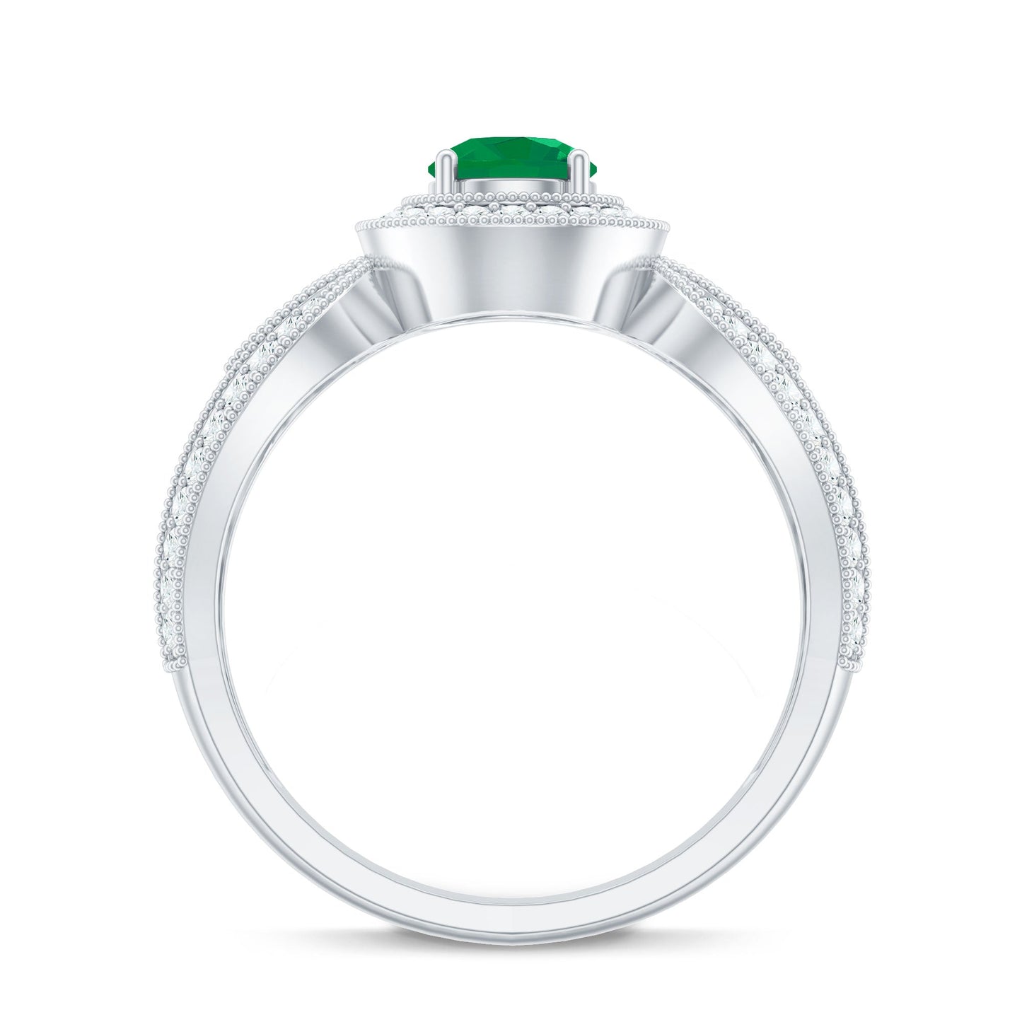 Real Emerald Diamond Vintage Looking Engagement Ring with Split Shank