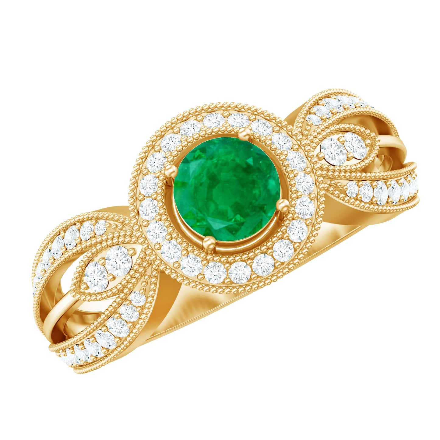 Real Emerald Diamond Vintage Looking Engagement Ring with Split Shank