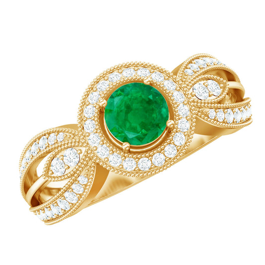 Real Emerald Diamond Vintage Looking Engagement Ring with Split Shank