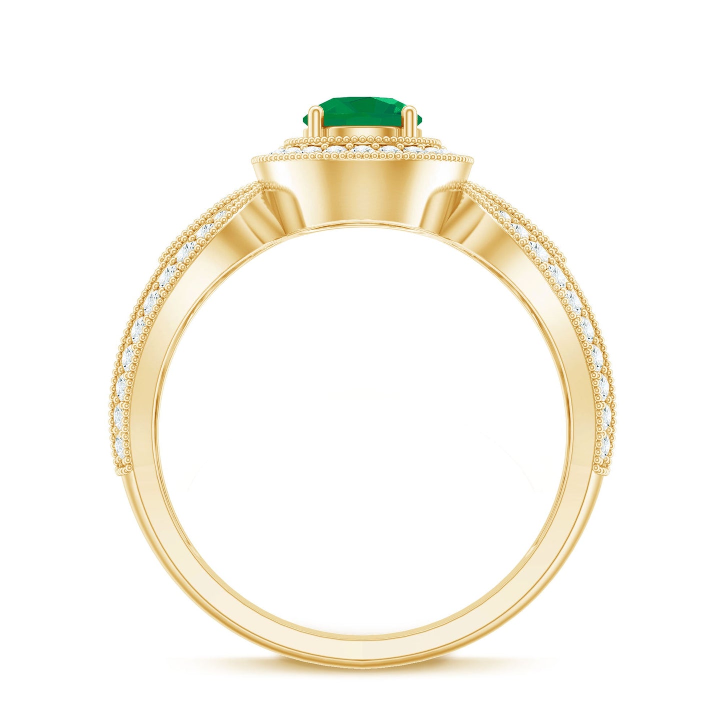 Real Emerald Diamond Vintage Looking Engagement Ring with Split Shank