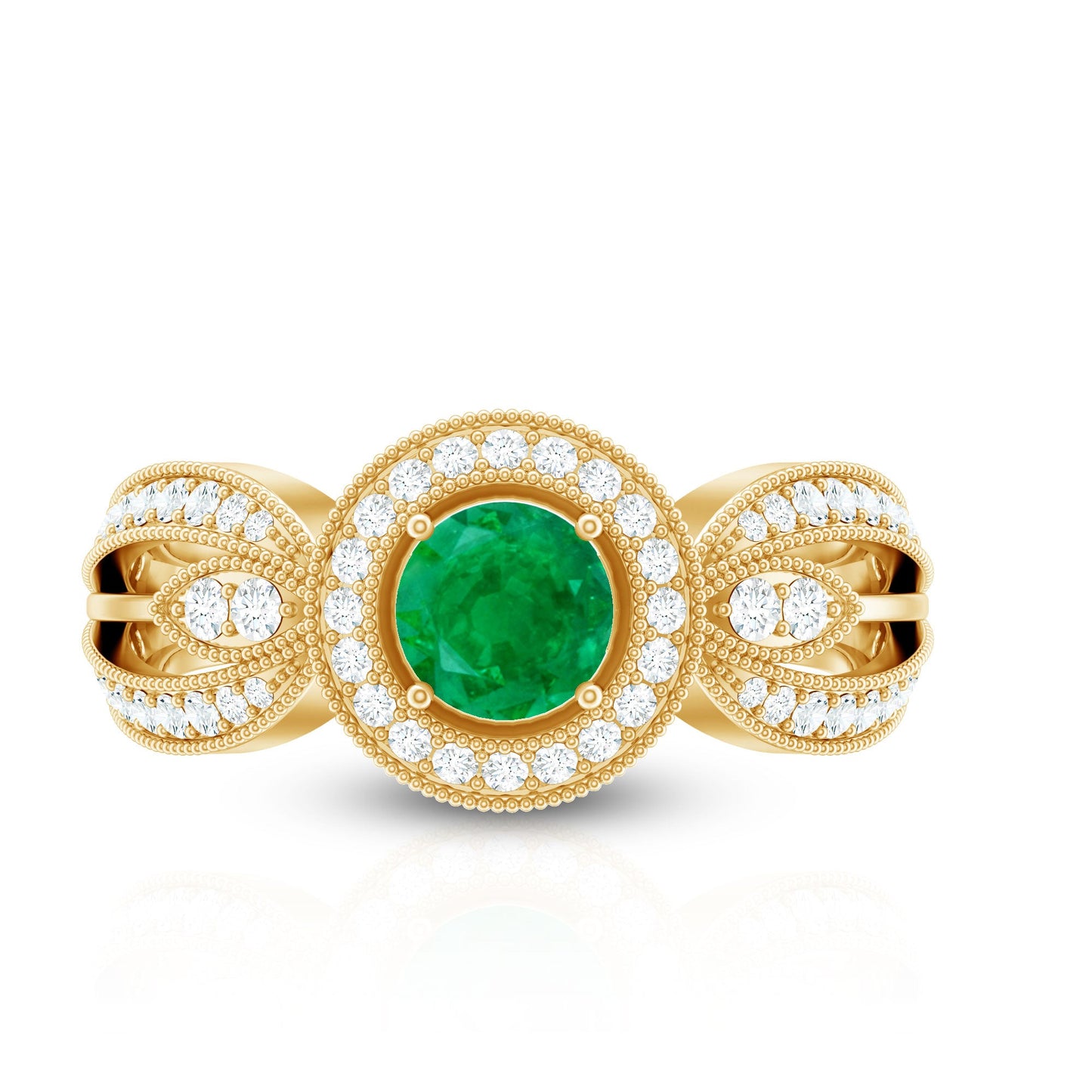 Real Emerald Diamond Vintage Looking Engagement Ring with Split Shank