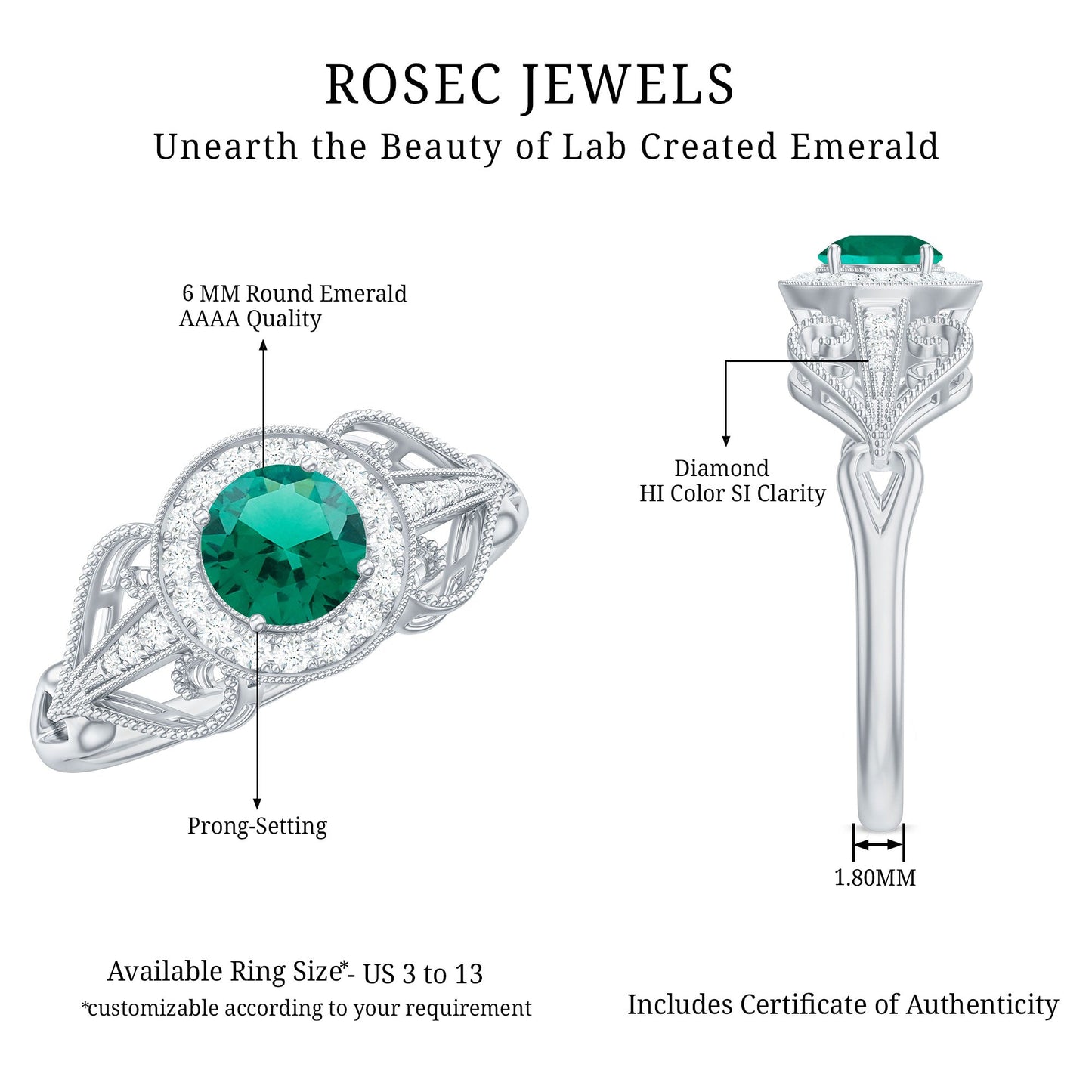 Certified Lab Grown Emerald Vintage Looking Engagement Ring with Diamond
