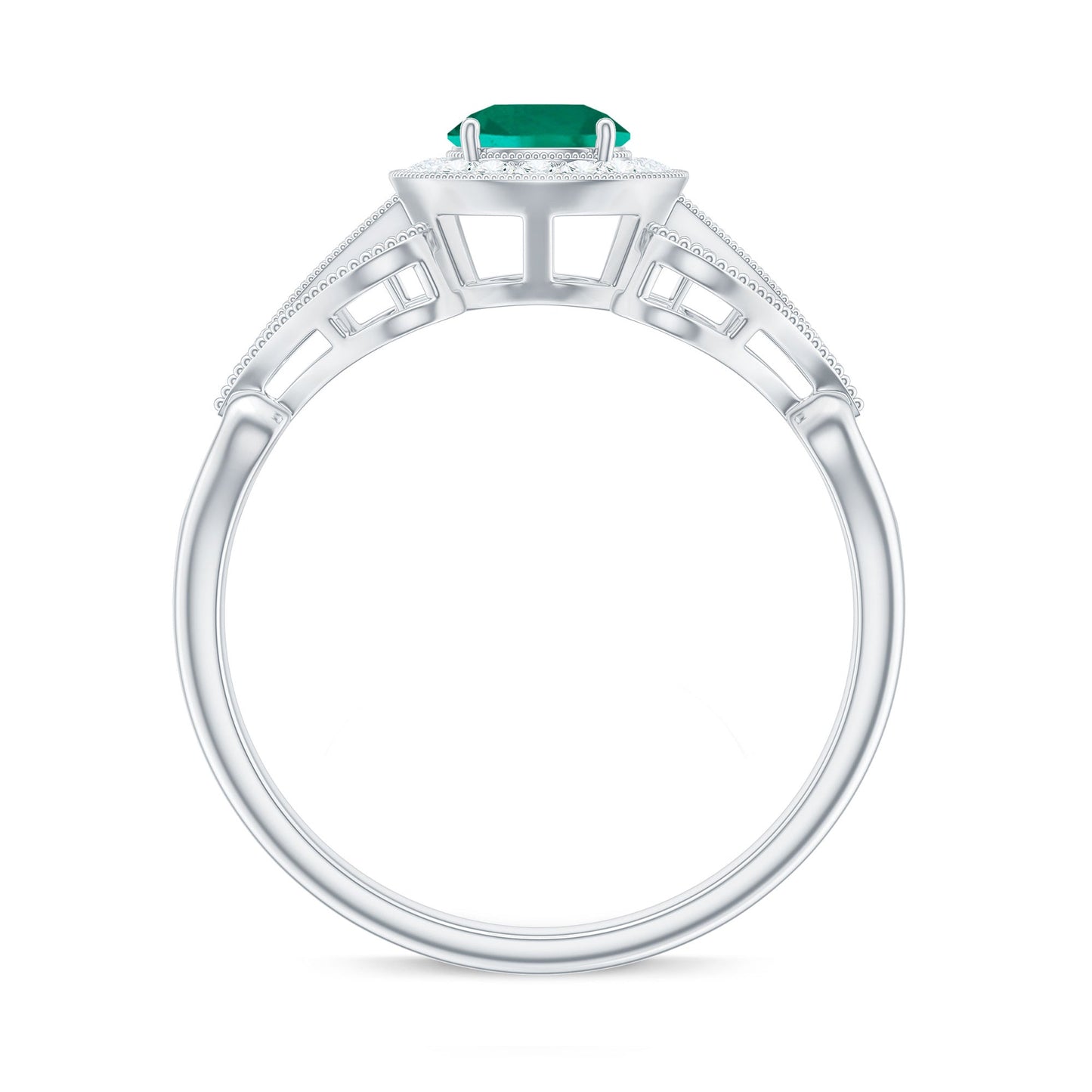 Certified Lab Grown Emerald Vintage Looking Engagement Ring with Diamond