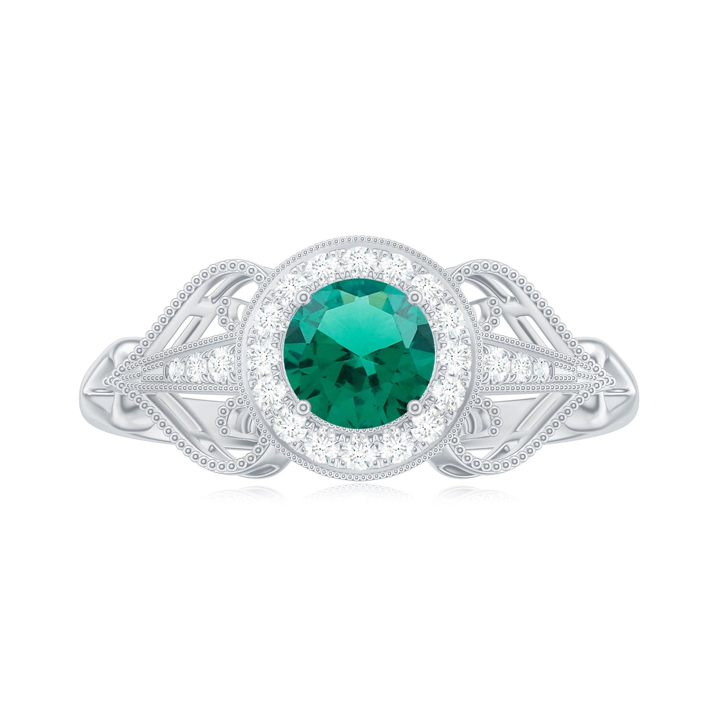 Certified Lab Grown Emerald Vintage Looking Engagement Ring with Diamond