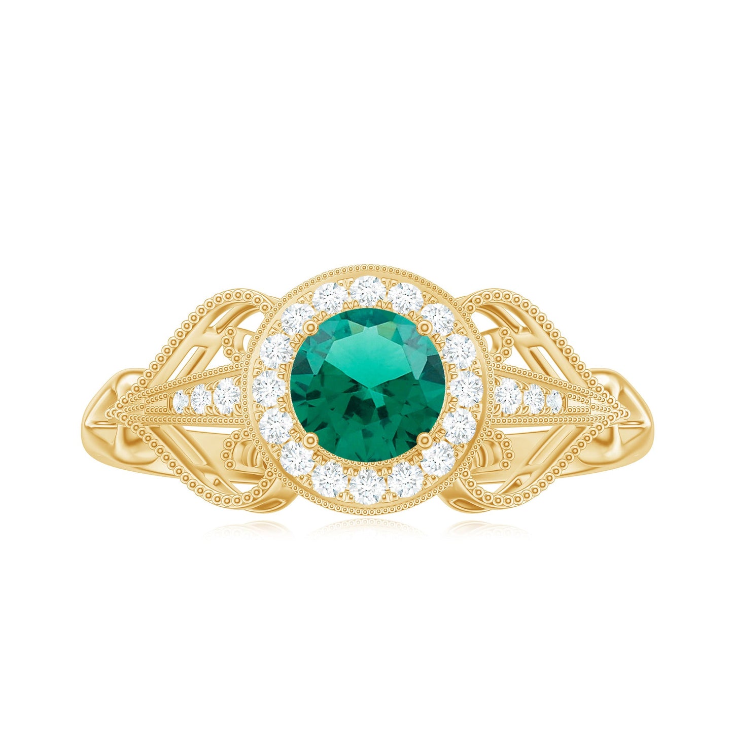 Certified Lab Grown Emerald Vintage Looking Engagement Ring with Diamond