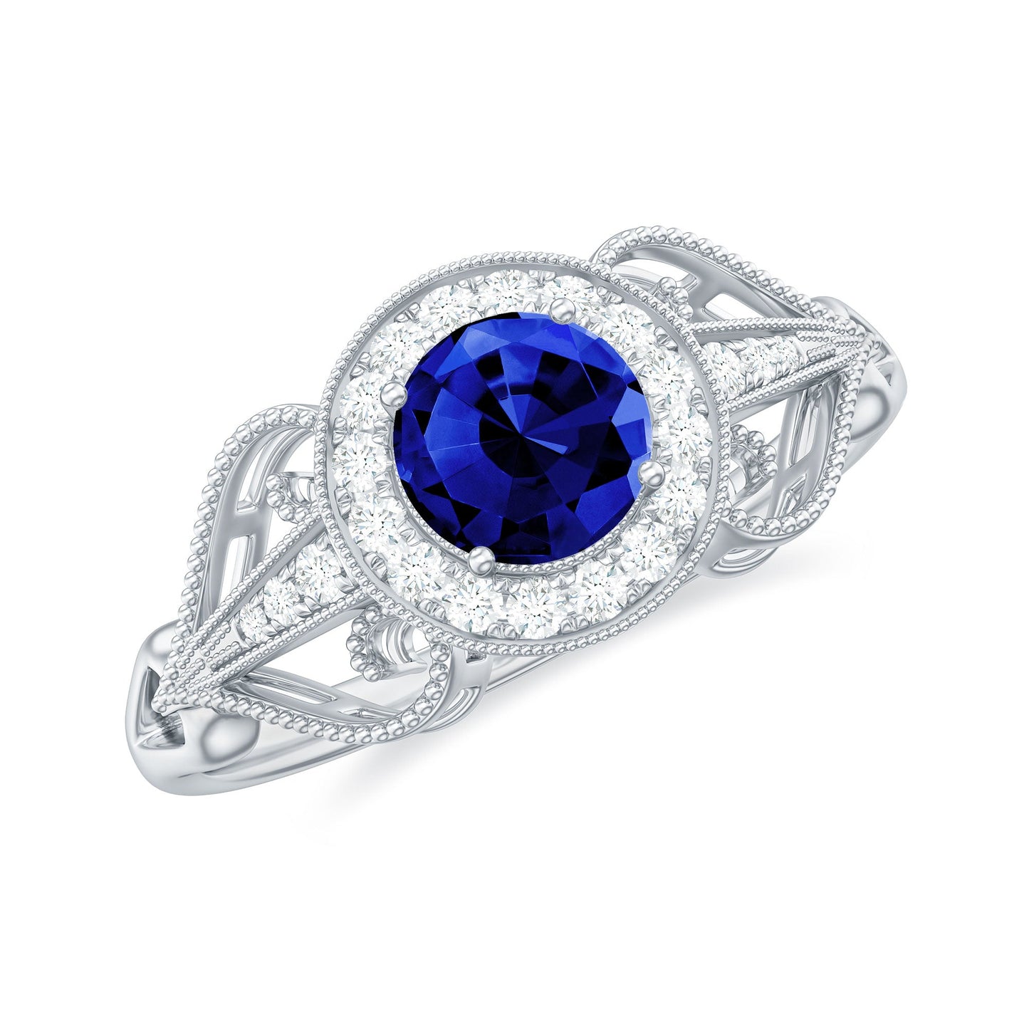 Certified 0.6 Carat Lab Grown Blue Sapphire Retro Engagement Ring with Diamond