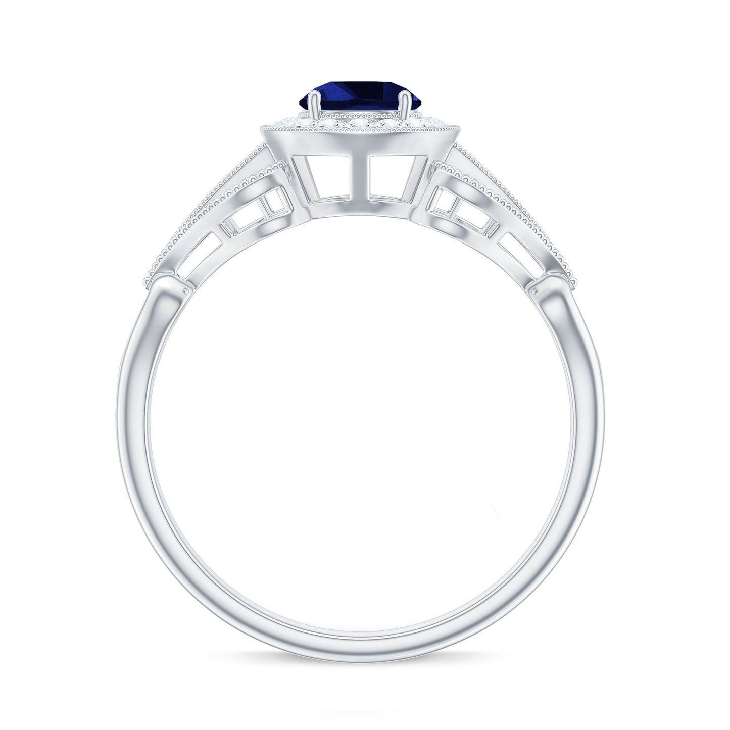 Certified 0.6 Carat Lab Grown Blue Sapphire Retro Engagement Ring with Diamond