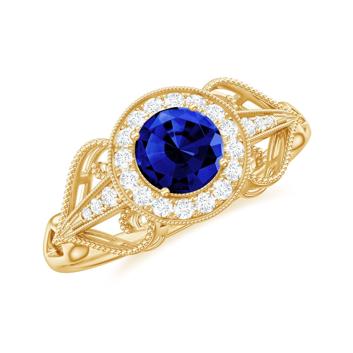 Certified 0.6 Carat Lab Grown Blue Sapphire Retro Engagement Ring with Diamond