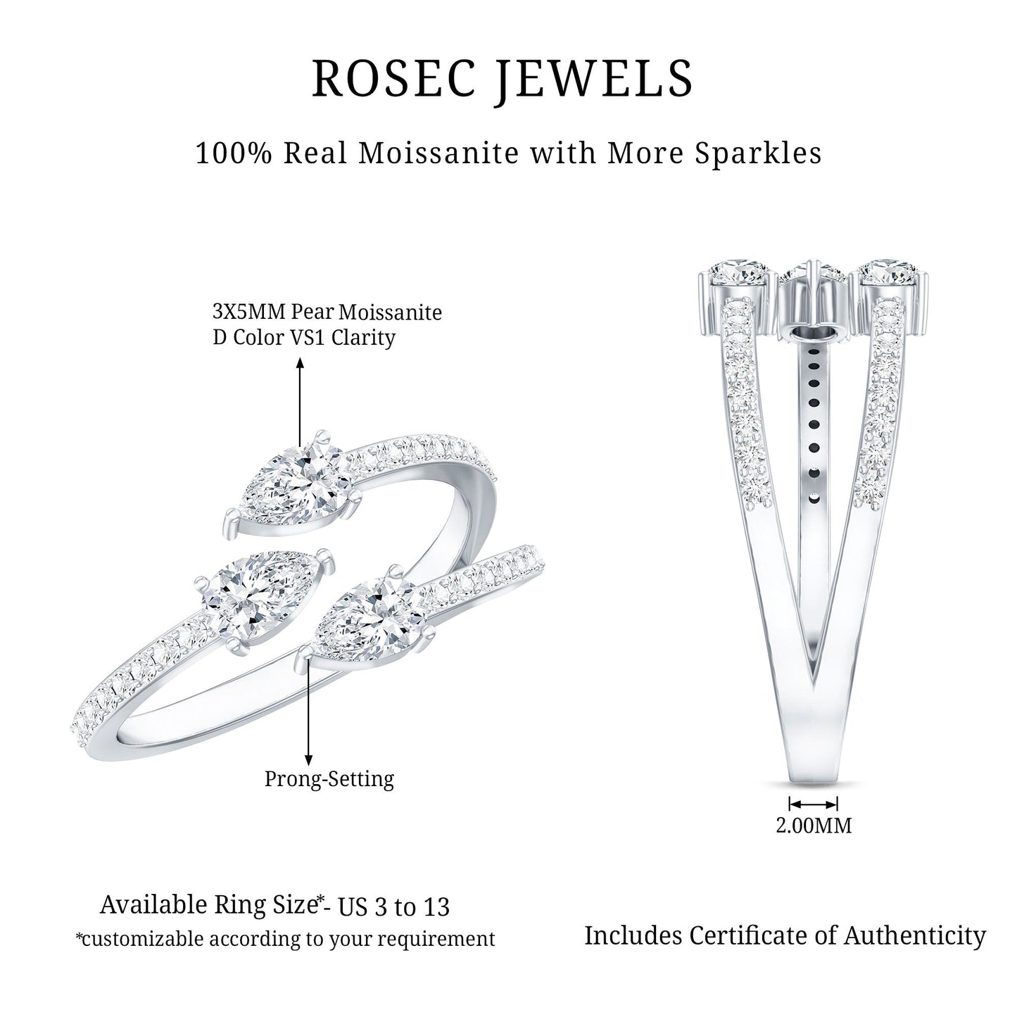 East West Style Moissanite 3 Stone Wrap Ring