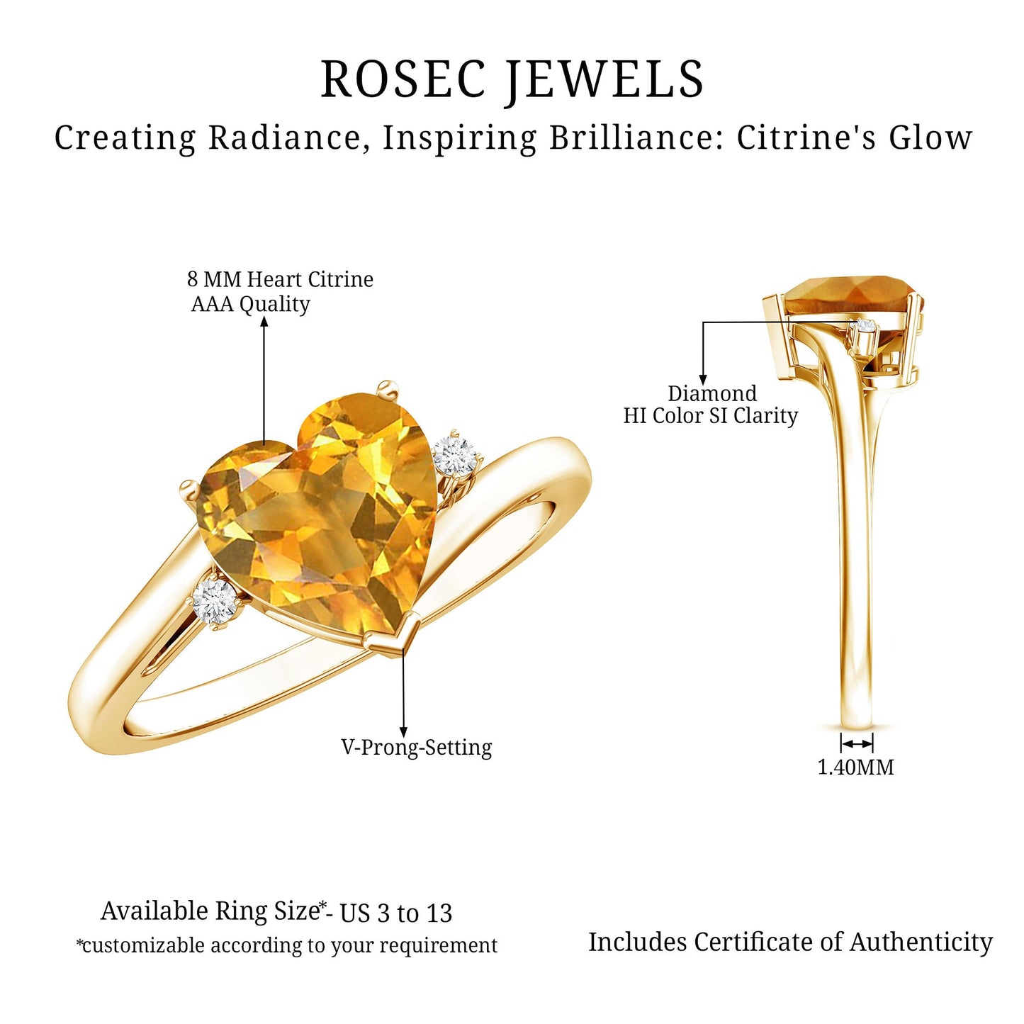 Natural 2 Carat Citrine Heart Engagement Ring with Diamond