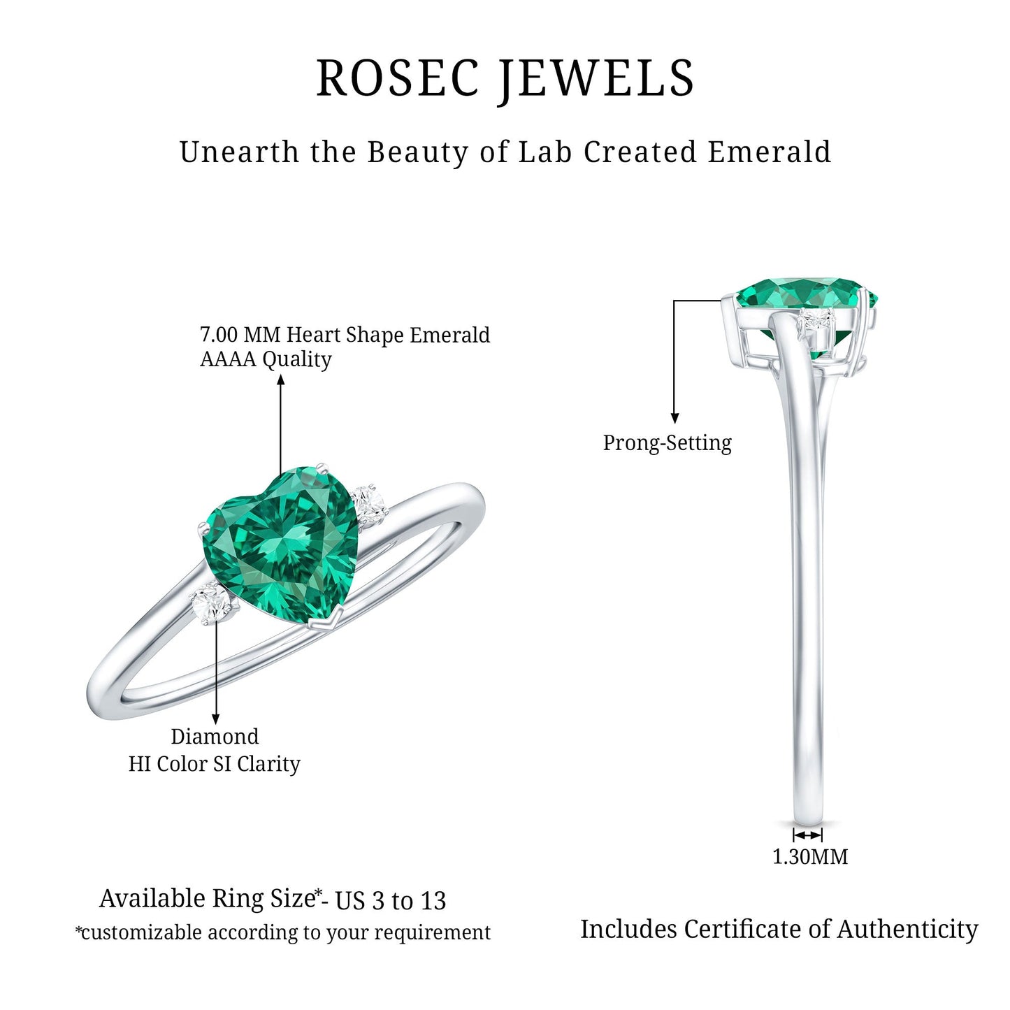 Certified Lab Grown Emerald Heart Shaped Promise Engagement Ring with Diamond