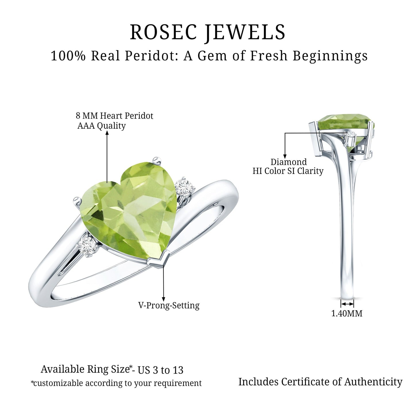 Real 2 Carat Peridot Heart Engagement Ring with Diamond