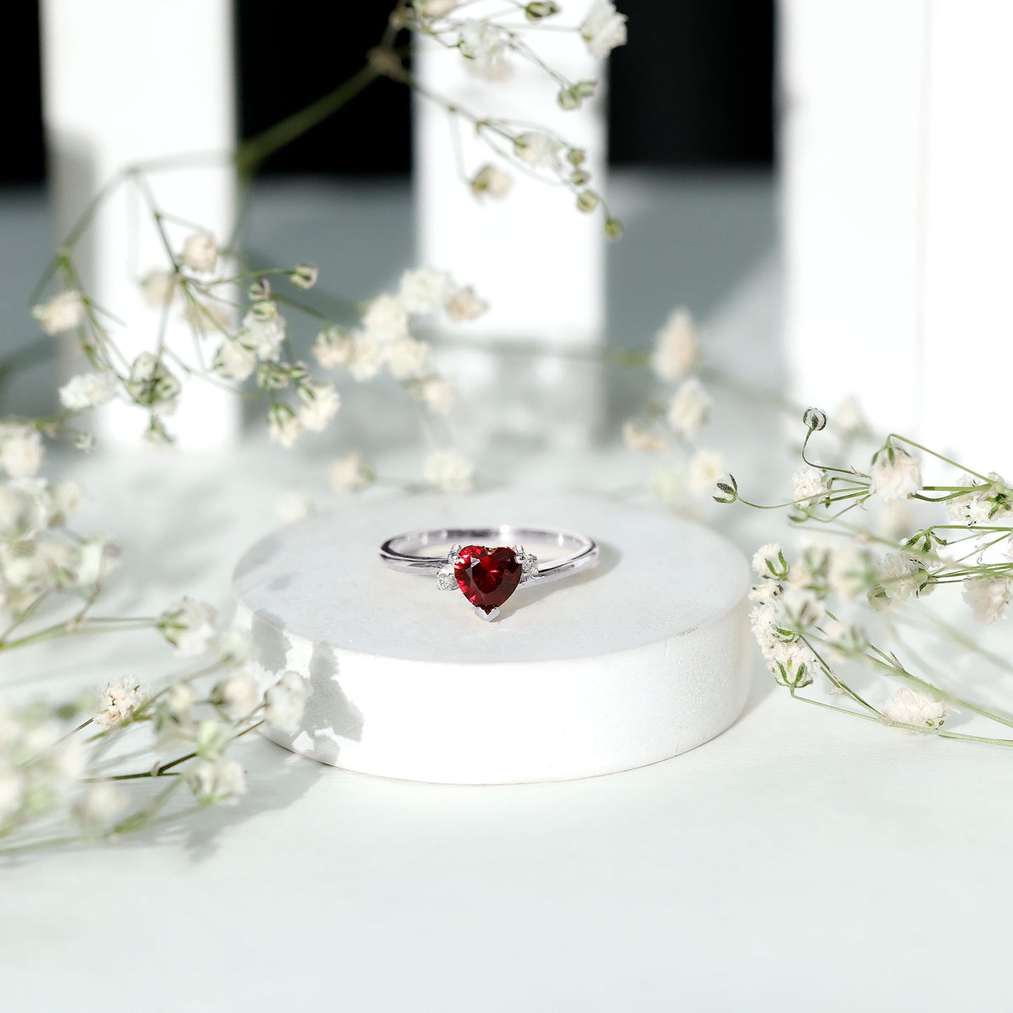 Heart Shape Lab Grown Ruby Solitaire Promise Ring with Diamond