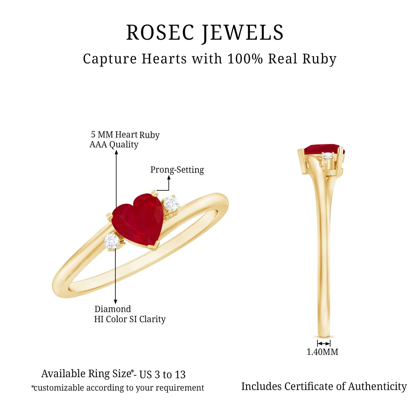Real 0.6 Carat Ruby Diamond Heart Promise Ring with Bypass Shank